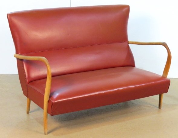 ITALIAN MODERN SETTEE: Wear to leather and finish. Fair condition. 33 1/2"h. x 48"w. x 28 1/2"d.
