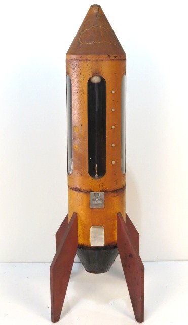1960's VINTAGE ATOMIC ROCKETSHIP GUMBALL MACHINE: Northwestern Corporation, Morris Illinois. Iron. Needs restoration. Small mechanical rocket ship inside. Not currently working. 69"h. x 21 1/2"diam.