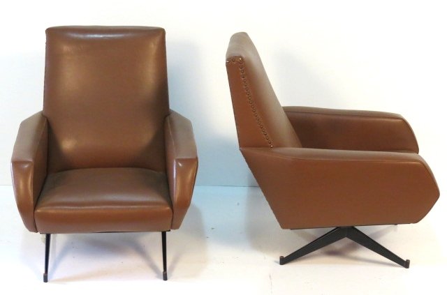 Pair ITALIAN MODERN BROWN VINYL UPHOLSTERED LOUNGES: Very good condition. 32 1/4"h. x 26 1/2"w. x 24"d.