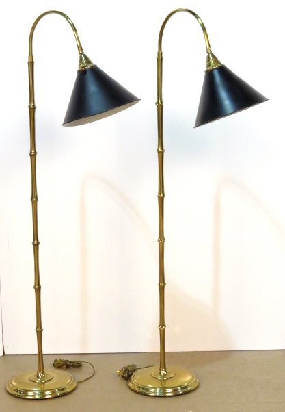 Pair BRASS BAMBOO FORM FLOOR LAMPS w/ BLACK TOLE SHADES: Good condition. 55"h.