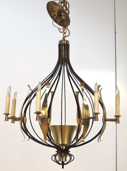 PARZINGER STYLE LIGHTOLIER METAL & BRASS CHANDELIER: Wear to finish. Good condition. 26"h. x 24 1/2"diam.