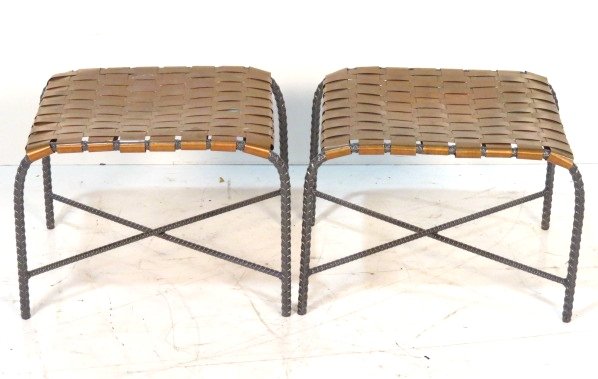 Pair INDUSTRIAL IRON & WOVEN COPPER STOOLS: Few stains on copper. Very good condition. 16 1/2"h. x 21 1/2"w. x 18"d.