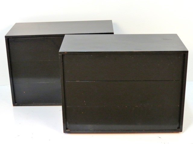 Pair JOHN STUART EBONIZED 3 DRAWER CHESTS: Fair condition. Wear and scratches to finish. 26 3/4"h. x 36"w. x 18"d.