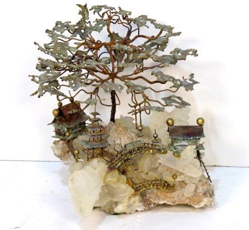 CURTIS JERE ASIAN INSPIRED TREE SCULPTURE: Burnished metal and quartz. Signed "J" 10/73. Very good condition. 15"h. x 13"w. x 10"d.