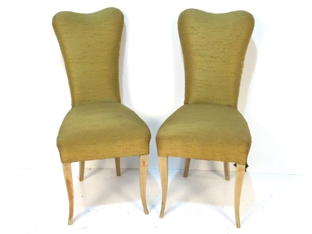 Pair JEAN ROYERE STYLE EBONIZED FIRESIDE CHAIRS: Slightly loose frames. Worn fabric. 40"h. x 18"w. x 20"d.