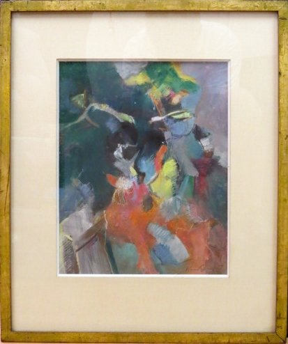WARREN BRANDT ABSTRACT MODERN PAINTING: Gouache. Pencil signed Warren Brandt lower right. Very good condition. 14" x 11" in a 21 3/4" x 18" frame.