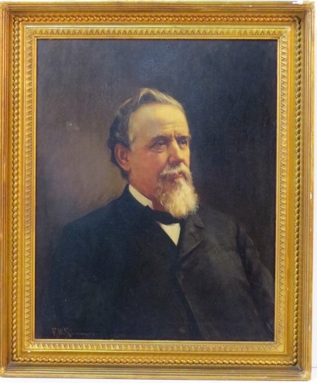 F.W. SIMMONS PAINTING PORTRAIT of EDWIN W. COWLES: Portrait of Edwin W. Cowles, famous editor of The Cleveland Leader newspaper. Signed F. W. Simmons. Oil on canvas mounted on masonite. Very good condition. 30 1/4"h. x 24"w. Frame 36 3/8"h. x 30 3/8"w