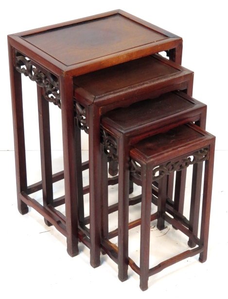 SET of 4 ANTIQUE CHINESE TEAK NESTING TABLES: Loose joints. Good condition. 26 1/2"h. x 18"w. x 13 1/4"d.
