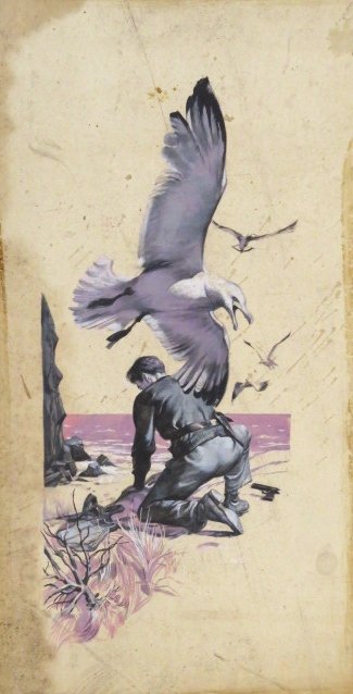 KEN RILEY ILLUSTRATION SATURDAY EVENING POST: Unsigned. Watercolor. Title of story "Island Rescue." Saturday Evening Post Publication label on reverse. Good condition with some small stains. Image size 15"h. x 6 1/2"w. Board size 22"h. x 11"w.