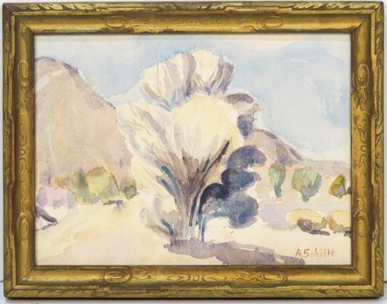 ALICE SCHILLE WATERCOLOR LANDSCAPE w/ TREE: Watercolor on paper. Signed A. Schille. Good condition. 6" x 8".