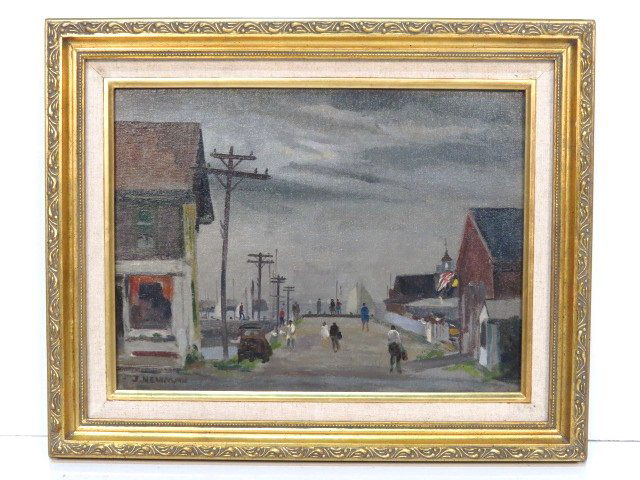JOSEPH NEWMAN OIL PAINTING of a HARBOR TOWN: Signed J. Newman. Very good condition. Oil on artist board. 12"h. x 16"w. Frame 16 3/4"h. x 20 3/4"w.