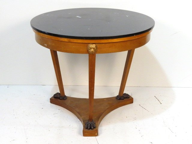 19th c. CENTURY BIEDERMEIER MARBLETOP CENTER TABLE: Wear to top under marble. Fair condition. 33"h. x 40"diam.