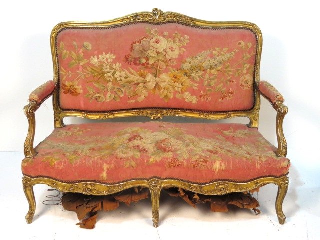 19th c. FRENCH GILT CARVED AUBUSSON SOFA: Needs restoration. Fair condition. 41 1/2"h. x 53 1/2"w. x 22 1/4"d.