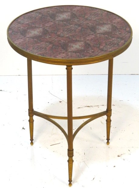 DIRECTOIRE STYLE BRONZE GUERIDON TABLE: Glass top with reverse decoration. Very good condition. 20 1/4"h. x 16"diam.