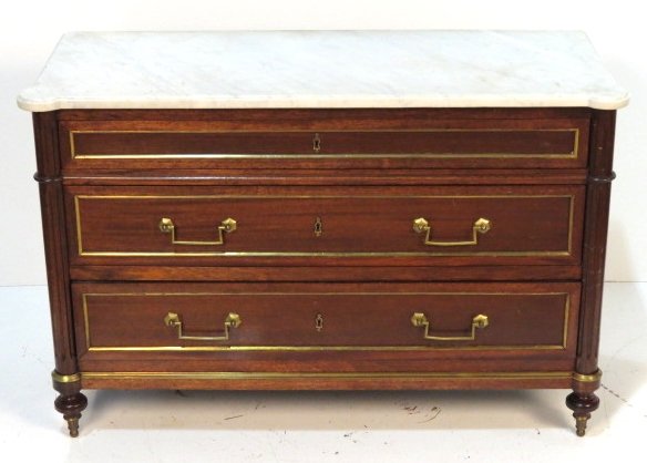 DIRECTOIRE STYLE BRONZE MOUNTED MARBLETOP COMMODE: Bronze mounts and mouldings. Very good condition. 29 1/4"h. x 44 1/4"w. x 17 1/2"d.
