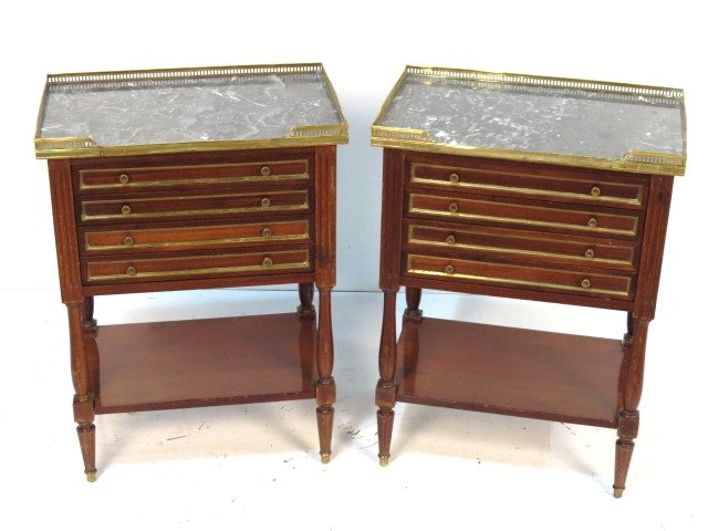 Pair LOUIS XVI STYLE BRONZE MOUNTED MARBLETOP STANDS: Bronze mouldings and gallery. Very good condition. 29"h. x 21 1/2"w. x 14"d.