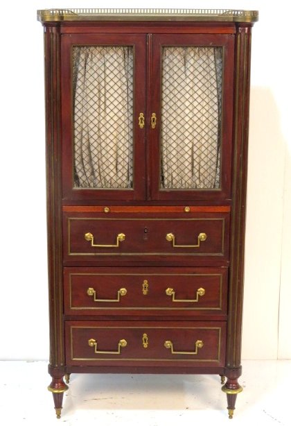 LOUIS XVI STYLE BRONZE MOUNTED MARBLETOP TALL CHEST: Bronze mounts, mouldings, and gallery. Pullout leather top slide. Missing 1 escutcheon. Good condition. 58"h. x 29"w. x 15"d.