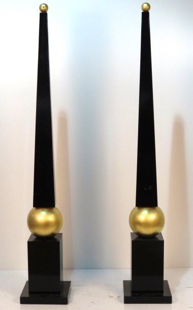Pair LARGE 80" EBONIZED & GILT OBELISKS: Some small blemishes. Very good condition. 80"h.