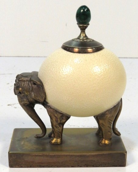 ANTONY REDMILE LONDON OSTRICH EGG ELEPHANT: Silverplated brass and malachite knob. Signed Redmile London. Very good condition. 11"h. x 8 1/2"w.