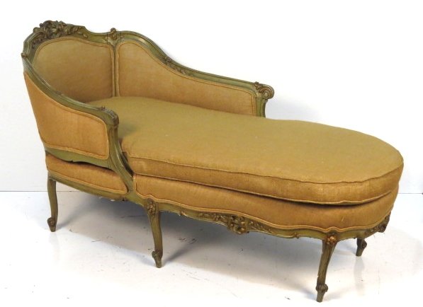 LOUIS XV STYLE PAINTED & GILT BURLAP RECAMIER: Distressed green paint and gilt. Finely carved. Damaged leg. 35"h. x 63"w. x 31"d.