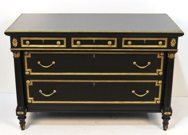 FRENCH BRONZE MOUNTED EBONIZED COMMODE: Very good quality. Finely cast bronze mounts and mouldings. Very good condition. 36"h. x 55"w. x 27"d.