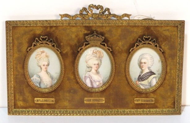 3 FRENCH PORTRAIT PAINTINGS on IVORY TRIPTYCH FRAME: Gilt metal frame. Signed Lebrun. Very good condition. 3 3/4"h. x 2 3/4"w. Frame 8 1/2"h. x 15"w.