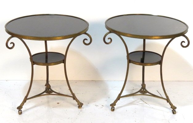 Pair DIRECTOIRE STYLE GRANITE TOP BRONZE GUERIDONS: Very good condition. 30"h. x 27 1/4" diameter top excluding bronze curls which extend out.