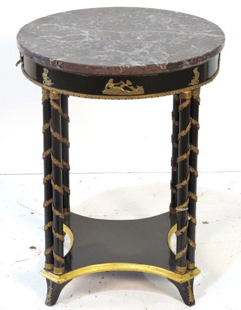 FRENCH EMPIRE STYLE MARBLETOP BOUILLOTTE TABLE: Some loose mouldings. Gilt bronze mounts. Ebonized. Good condition. 26 1/2"h. x 20 1/2"w.