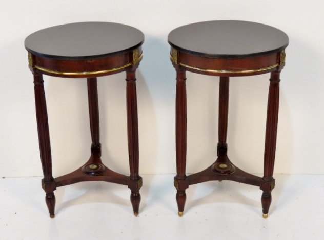 Pair MARBLETOP DIRECTOIRE STYLE STANDS mann. JANSEN: Bronze mounts. Very good condition. 25 1/2"h. x 15 3/4"diam.