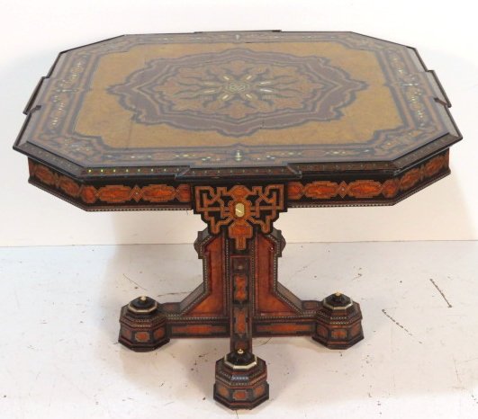 19th c. INLAID CENTER TABLE att. CARLO BUGATTI: Minor marks and blemishes. Good condition. 31"h. x 41 1/2"sq.