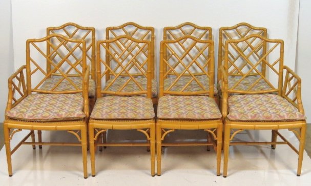 8 FAUX BAMBOO DINING CHAIRS: Caned seats. Very good condition. Arm chair 37 1/4"h. x 23"w. x 23"d.
