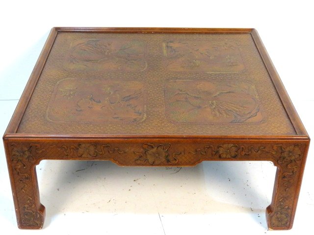 JOHN WIDDICOMB CHINOISERIE DECORATED COCKTAIL TABLE: Very good condition. 17"h. x 40 1/4"sq.