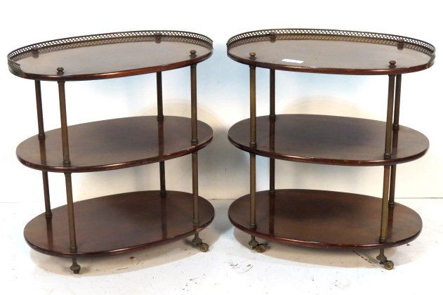Pair CUSTOM MAHOGANY & BRASS OVAL BAR CARTS: Brass gallery and columns. Good condition with some scratches. 28 1/4"h. x 27"w. x 17 3/4"d.