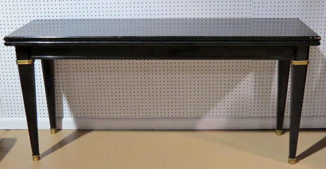 MAISON JANSEN EBONIZED & BRONZE MOUNTED CONSOLE: Paint loss. Bronze mounts. 30"h. x 67"w. x 20 1/2"d. Opens to 41"d.