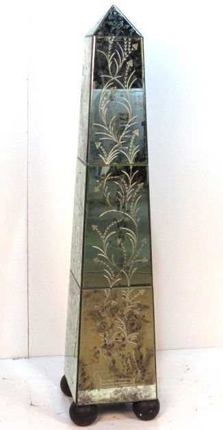 72" VENETIAN STYLE ETCHED MIRRORED OBELISK: Distressed silvering on mirrored panels. Beveled glass. 2 minor chipped corners. Very good condition. 72"h.
