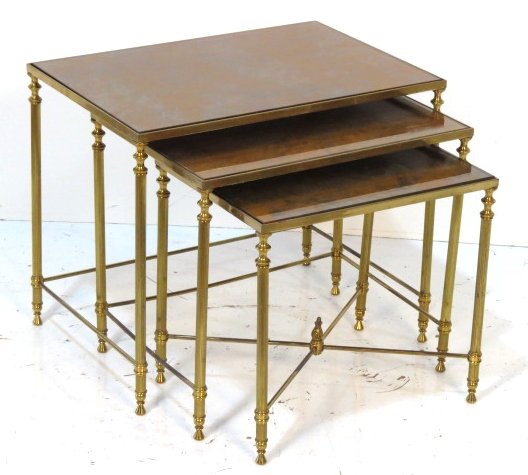 DIRECTOIRE STYLE BRASS GLASSTOP NESTING TABLES: Slightly wobbly. Very good condition. Largest 18 1/2"h. x 21"w. x 15"d.