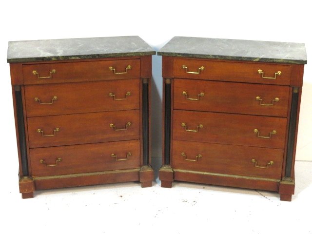 Pair ITALIAN NEOCLASSICAL STYLE MARBLETOP COMMODE: Ebonized columns. Missing and some bent bronze mouldings. Good condition. 31"h. x 29 1/2"w. x 17 1/4"d.