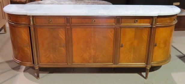 LOUIS XVI STYLE BRONZE MOUNTED SIDEBOARD: Bronze mounts and mouldings. Very good condition. 38 1/2"h. x 97"w. x 22 1/4"d.