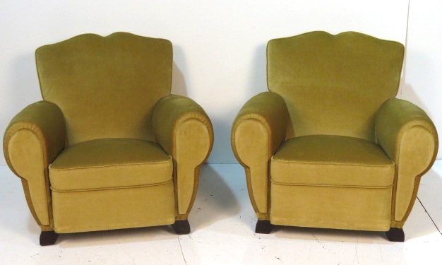 Pair ART DECO MOHAIR CLUB CHAIRS: Good condition. 32"h. x 36"w. x 30"d.