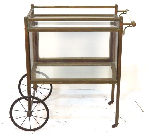 FRENCH BRONZE BAR CART w/ LUCITE HANDLE: Bronze clad wood. 30 1/4"h. x 26 1/2"w. x 14 1/4"d.