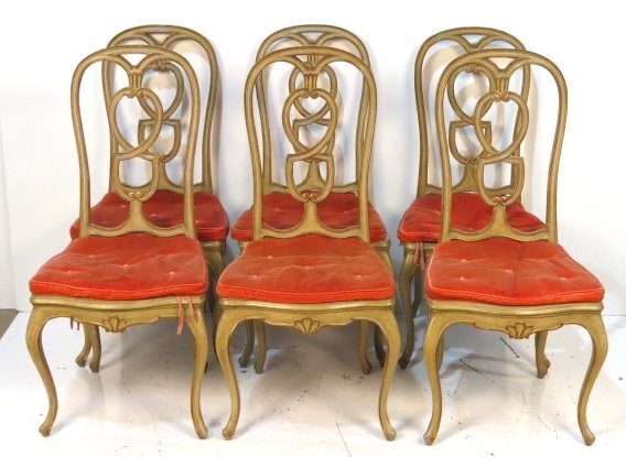 6 ITALIAN PAINTED & CANED SEAT DINING CHAIRS: One damaged seat. Distressed cream paint and gilt. Good condition. 43 1/2"h. x 21"w. x 22"d.