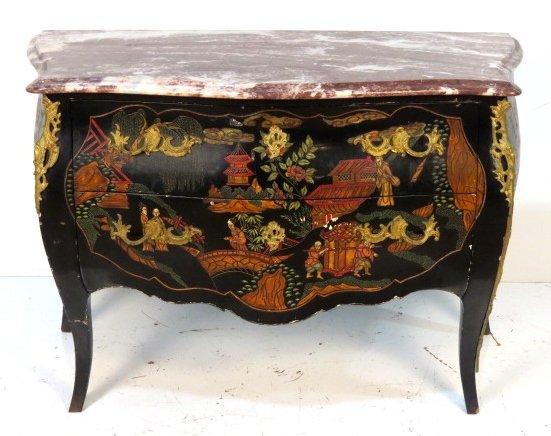 ANTIQUE FRENCH CHINOISERIE MARBLETOP COMMODE: Ebonized with carved chinoiserie decoration. Very good condition with some minor lacquer losses. 34"h. x 49 1/2"w. x 21 1/4"d.