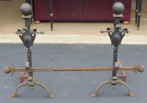 ANTIQUE WROUGHT IRON PALATIAL ANDIRONS: Rusting. 36"h. x 50 1/2"w. x 30 1/2"d.