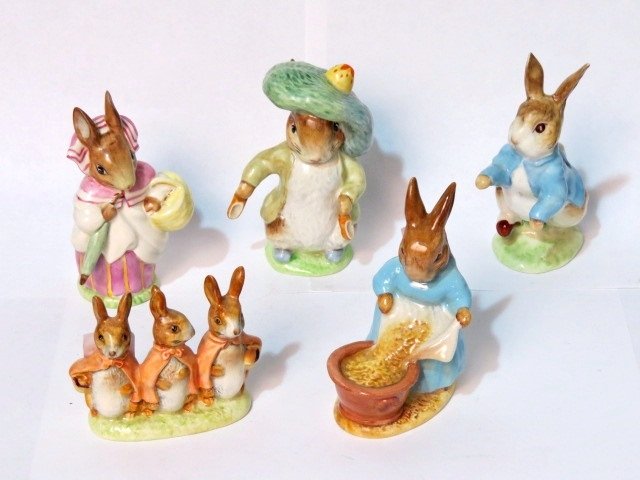 5 ROYAL DOULTON BEATRIX POTTER FIGURINES BENJAMIN BUNNY: Very good condition. Largest 4"h.