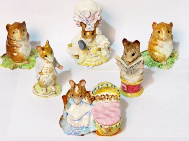 6 ROYAL DOULTON BEATRIX POTTER FIGURINES "JIMMY WILLIE: Very good condition. Largest 3"h.