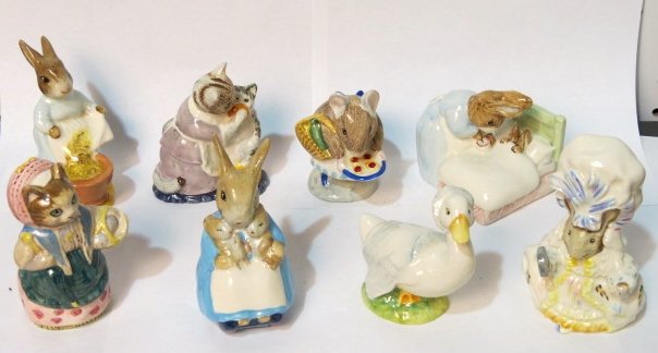 8 ROYAL ALBERT BEATRIX POTTER FIGURINES: Very good condition. 3 1/8"h. - 3 3/4"h.