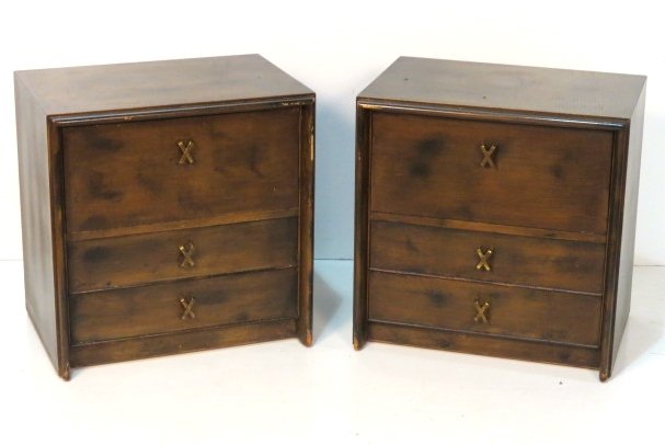 Pair PAUL FRANKL for JOHN STUART NIGHTSTANDS: Designed by Paul Frankl for Johnson Furniture Co. Wear to finish. Retailed by John Stuart. Good condition. 24 1/4"h. x 24"w. x 17"d.