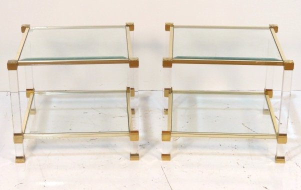 Pair PIERRE VANDEL LUCITE & BRASS END TABLES: Chip on corner of 1 glass top. Very good condition. 19 3/4"h. x 23"w.