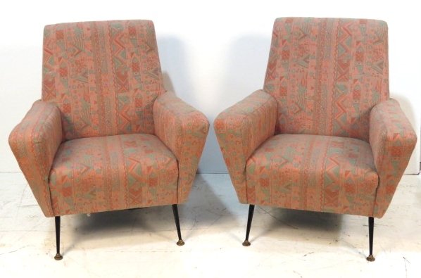 Pair GIO PONTI STYLE ITALIAN MODERN LOUNGE CHAIRS: Metal legs. Good condition. 34 1/4"h. x 31"w. x 33"d.
