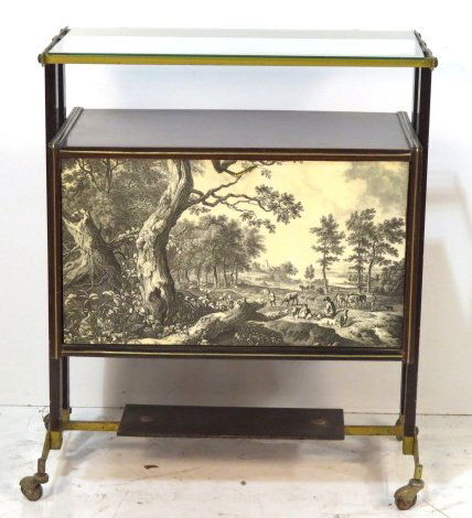 ITALIAN MODERN DROP FRONT BAR CART: Laminate front decorated with Italian landscape. Good condition. 35"h. x 28 3/4"w. x 16"d.